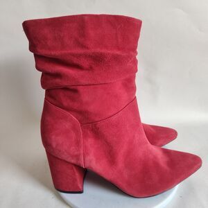 Naturalizer Red Suede Leather Mid-Calf Pull On Boots Slouchy Block Heel 7 Wide